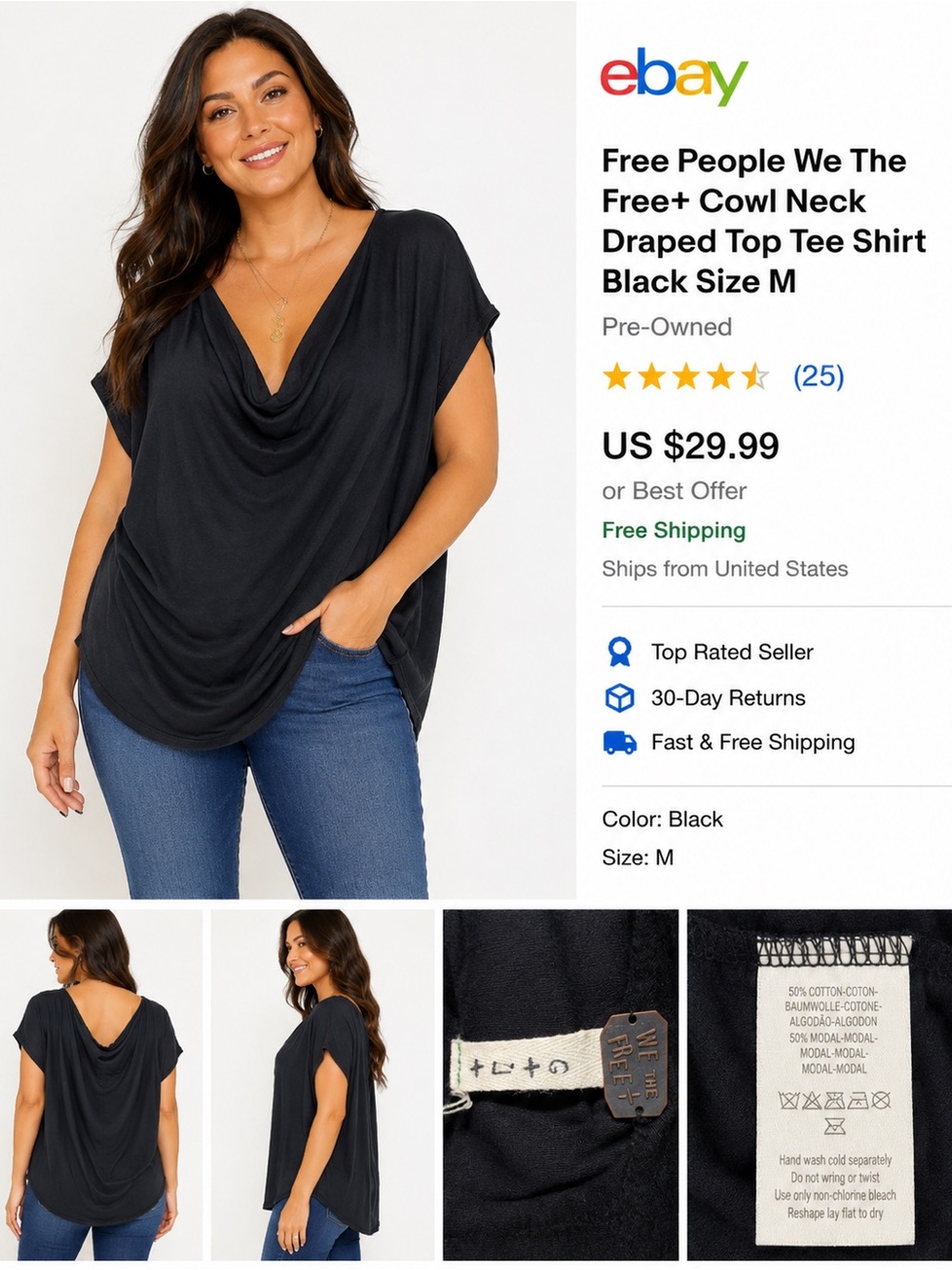 Free People Black Draped Cowl Neck Tunic Top